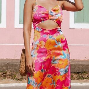 Cupshe Pink & Orange Floral Cutout Midi Dress